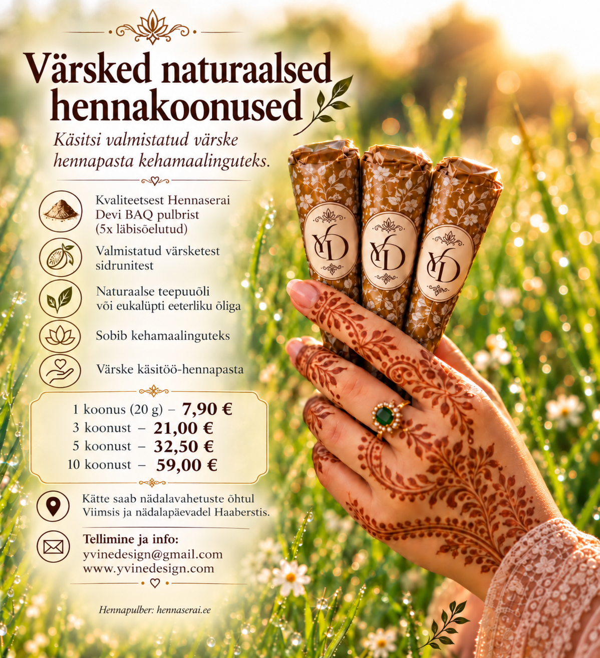 Fresh natural henna paste in cones — ready to use straight away