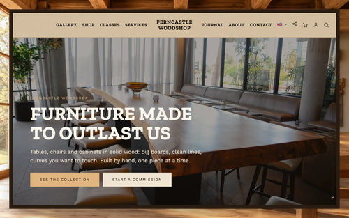 Yvine theme, Oak style: the home page on desktop, for a furniture maker